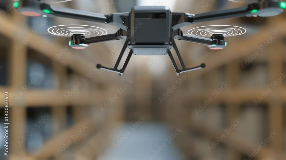 Poster modern warehouse management uses drones for inventory control, optimizing logistics and ensuring eff