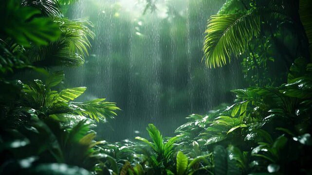 rainy in a forest with river. tropical rain in the water. seamless looping overlay 4k virtual video animation background