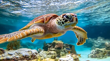 Fototapeta premium Hawksbill Sea Turtle Underwater Closeup - Underwater photography