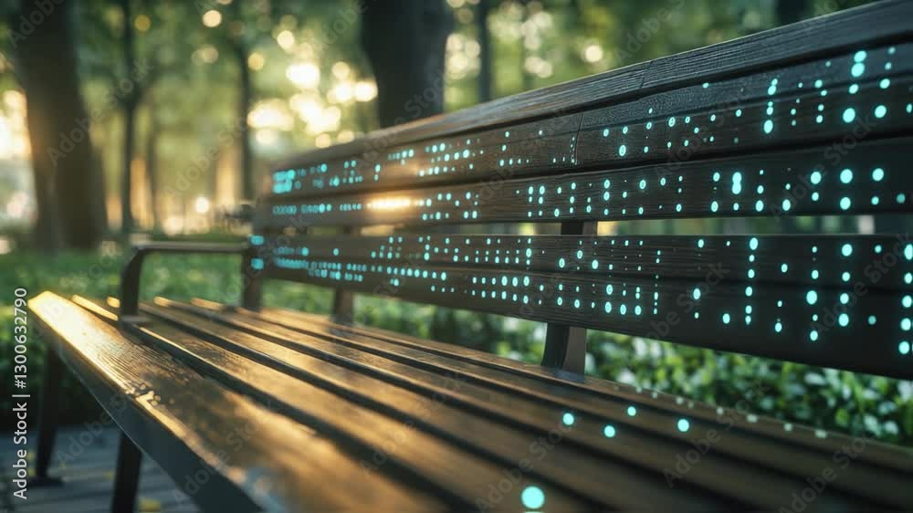 Poster light particles are flowing on a smart bench in a park, showcasing a futuristic concept of data visu