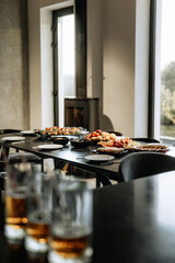 Dining Table Set with Food and Drinks