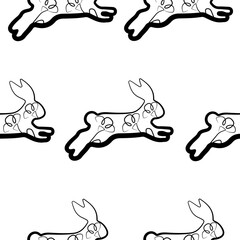 seamless pattern with simple icons of a rabbit in the moment of jumping with flower buds in line art style, for logos or various holiday designs