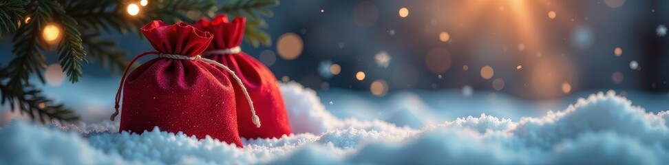 Softly lit red gift sack amidst snow, shimmering decor , holiday, magical, season