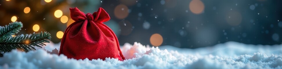Softly lit red gift sack amidst snow, shimmering decor , glitter, snow, red gift