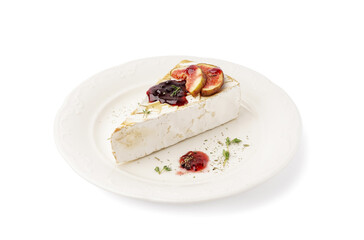 Plate with tasty baked Camembert cheese on white background