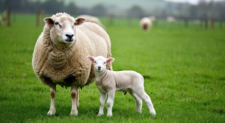 Fototapeta premium A mother sheep stands proudly beside her adorable lamb in a lush green field