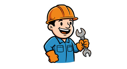 Fototapeta premium Cartoon mechanic with wrench and hard hat illustration.