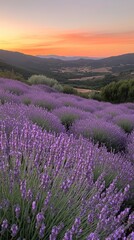 Naklejka premium Sunset Lavender Field Peaceful Purple Landscape Scenic Hillside View Sky Calm Aroma Plant Image 