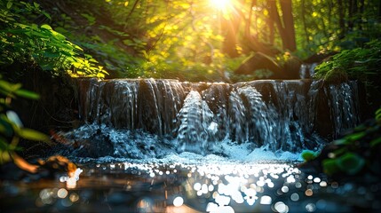 Sunlit cascade, a peaceful forest waterfall scene with glistening water
