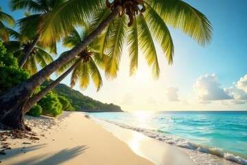 Fototapeta premium Sun-kissed beach, turquoise water, leaning palm trees, clear, beautiful