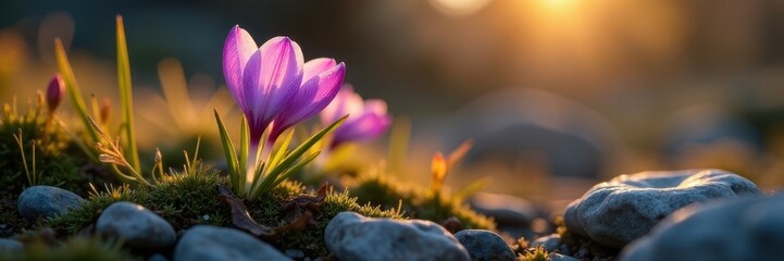 Fototapeta premium Sunlit crocus bursts forth, delicate details on harsh rock , blossom, flora, petals