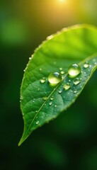 Sunlit dew drops on a leaf, flash reveals glistening surface, image, detail, green