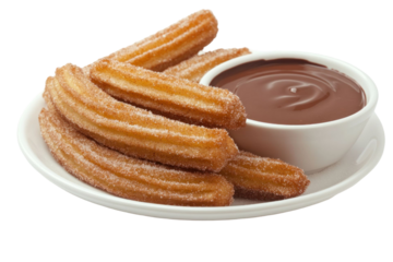Golden brown churros with sugar cinnamon coating served on a white plate with a bowl of melted chocolate dessert against transparent background