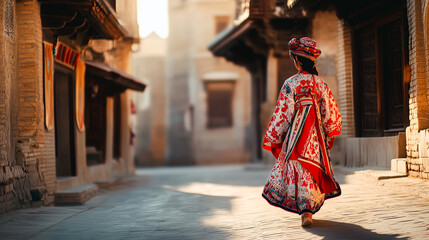 A Uyghur girl from Xinjiang, China, wearing ethnic clothing, walks on an ancient street