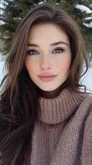 Naklejka premium Young woman smiling warmly in a cozy sweater against a snowy outdoor background during winter season