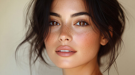 Obraz premium portrait of an attractive Latina woman with dark hair,clear skin,cosmetic,beige background