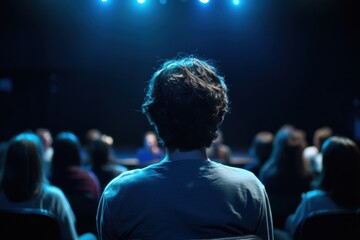 Theater group rehearsal with dramatic stage composition theatrical lighting and copy space