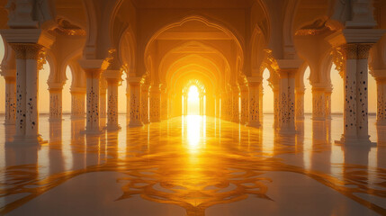 Obraz premium Serene Evening Scene of Sharjah New Mosque at Sunset, Featuring Intricate Carvings and Grand Architecture, with Golden Hour Light Adding a Majestic Touch for Travel Documentary Cover