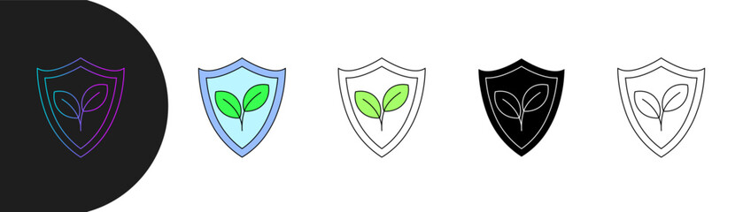 shield icon with green leaf, symbolizes environmental protection, sustainability, and environmentally conscious safety. includes style, gradient, colored, outline. editable stroke