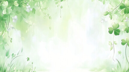 Obraz premium Vibrant green clover wreath adorned with golden accents, set against a soft bokeh misty forest background, sunlight filtering through the trees and highlighting the rich emerald and gold tones for Sai