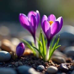 Obraz premium Vibrant crocus petals unfurl, rocky spring ground , garden, blossom