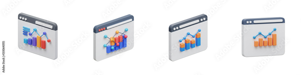 Poster isometric browser windows displaying colorful data charts