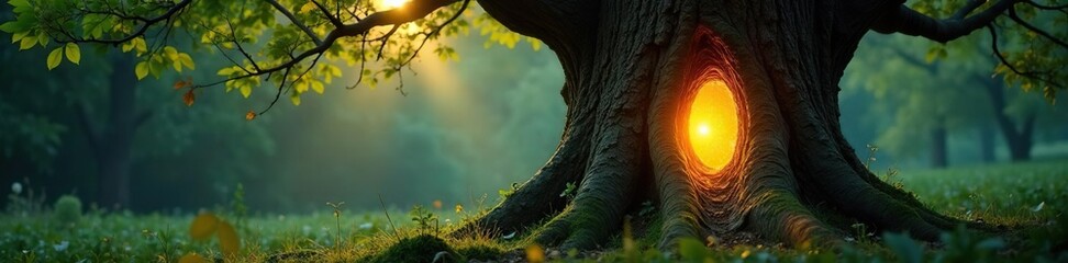 A soft, warm light emanates from within the tree's trunk, sacred, otherworldly, wise