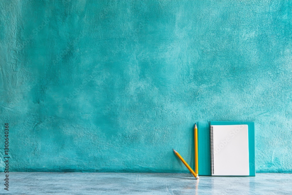 Poster a vibrant blue backdrop showcases a blank notepad and a yellow pencil placed neatly beside it, invit