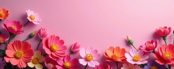 Naklejka premium Vibrant pink backdrop, assorted blooms, close-up , design, background