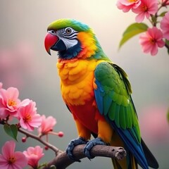 Obraz premium Vibrant parrot on flowering branch, soft focus background, bird, exotic, macro