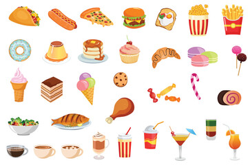 Food and fruit vector emoji illustration. Food and beverages, fruits symbols, emojis, emoticons, stickers, icons Vegetables, cakes, vector illustration flat icons set, collection.