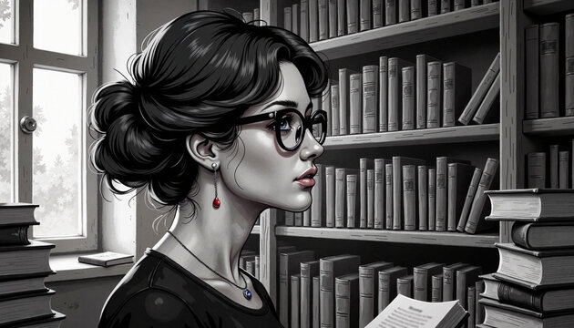 Reflective woman in glasses reading in an academic library, intellectual curiosity