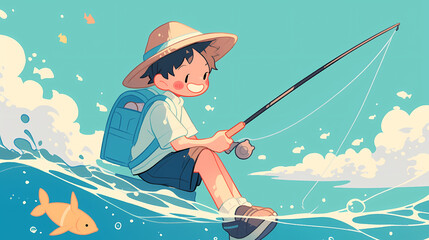 Young boy fishing joyfully in clear blue water, with playful waves and a fish nearby, vibrant scene