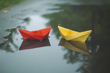 Two paper boats float in a puddle reflection with symmetrical composition and copy space top