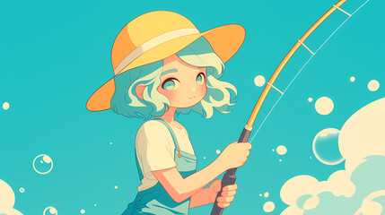 Young girl with blue hair fishing in a bright blue ocean, surrounded by bubbles and clouds