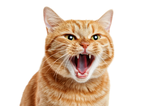 Angry and surprised cat on white or transparent background with a funny and excited expression