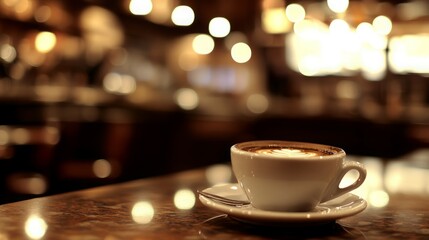 Obraz premium A warm cup of cappuccino sits on a table in a softly lit cafe.