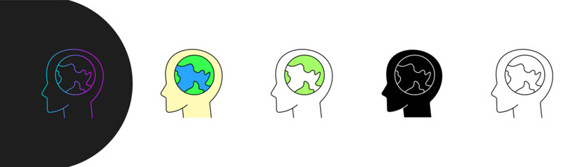 human head icon with globe inside, depicting global awareness, environmental concern, and connected mindset. featuring gradient, colored, minimalist, solid and outline variations, editable stroke