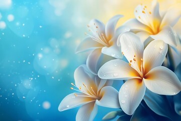 Fototapeta premium Beautiful white plumeria flowers with droplets against a soft blue background during daytime