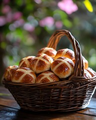 A basket of traditional Easter hot cross buns,