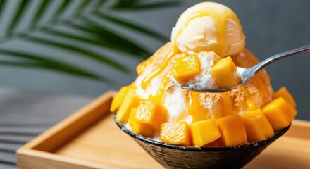 Delicious mango shaved ice cream dessert topped with creamy ice cream and fresh mango chunks