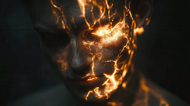 A detailed macro shot of a humanoid figure, its face partially veiled in shadow while radiant veins of organic energy pulse through the contours of its form - Powered by Adobe