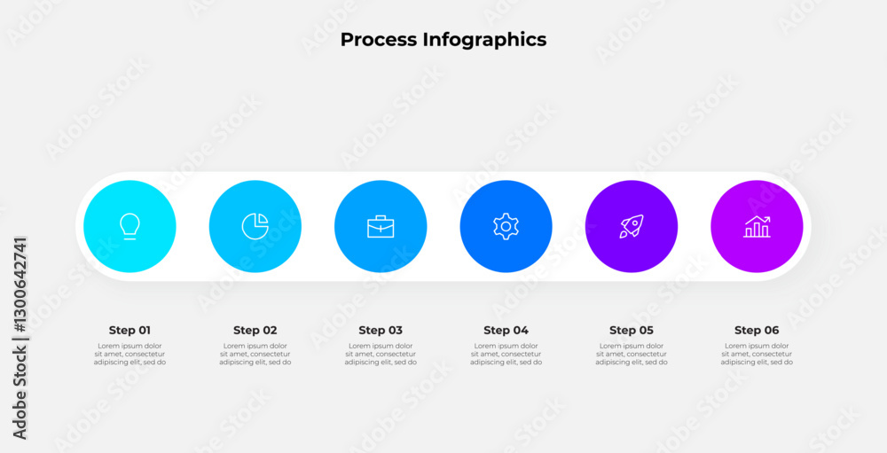 Poster Infographic 6 steps process with circular graphics, suitable for business, marketing, or academic use in visualizing workflows, strategies, or concise step-by-step instructions