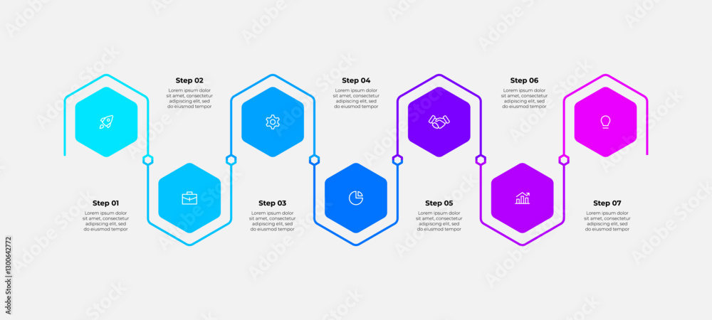 Poster Timeline infographic showcasing seven steps with a hexagonal theme and gradient colors, perfect for business process representation