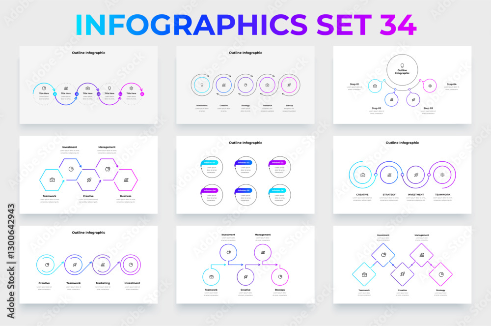Poster Set of line infographic circular and hexagonal diagrams perfect for presentations and visual storytelling. Effective for illustrating detailed processes, concepts, and organizational structures