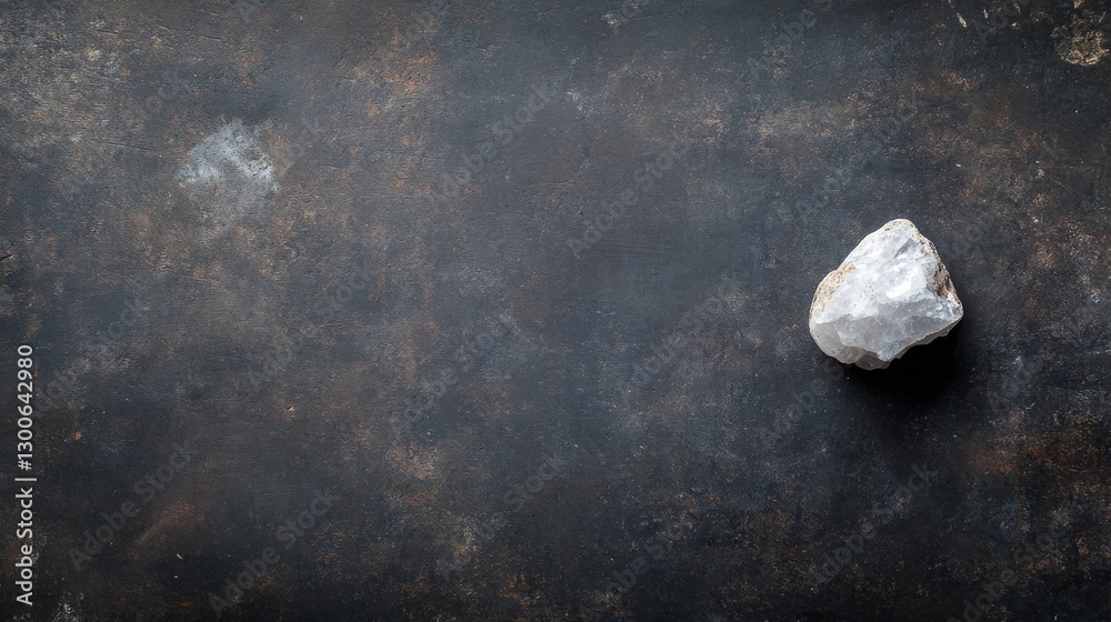 Poster a single unpolished quartz crystal rests on a dark slate surface, showcasing its raw edges under dra
