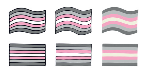 Fototapeta premium Set of colorful Demigirl pride flag Happy pride day LGBTQIA community Pride Month Vector hand drawn doodle for posters, stickers, logo, cards