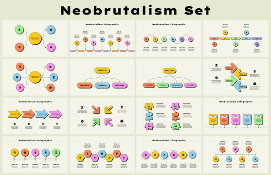 Set of neobrutalism infographic diagrams, charts, and shapes for professional or creative use. Perfect for presentations, data visualization, and conveying concepts graphically