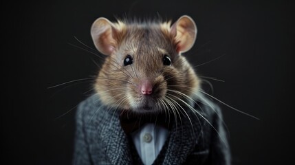 A dapper mouse dressed in a suit and bow tie poses confidently against a dark background, showcasing its unique style