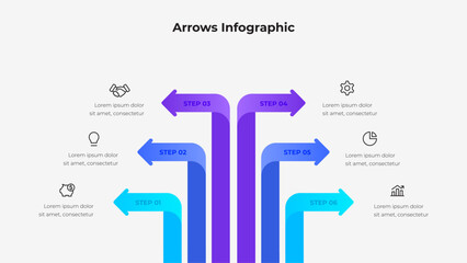 Colorful arrow infographic with six steps, highlighting conceptual process organization for business and planning. Design presented in a neat schematic manner with conceptual icons for each step